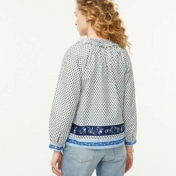 J.CREW white with blue ribbon block print tie-front ruffle top S - Picture 3 of 11